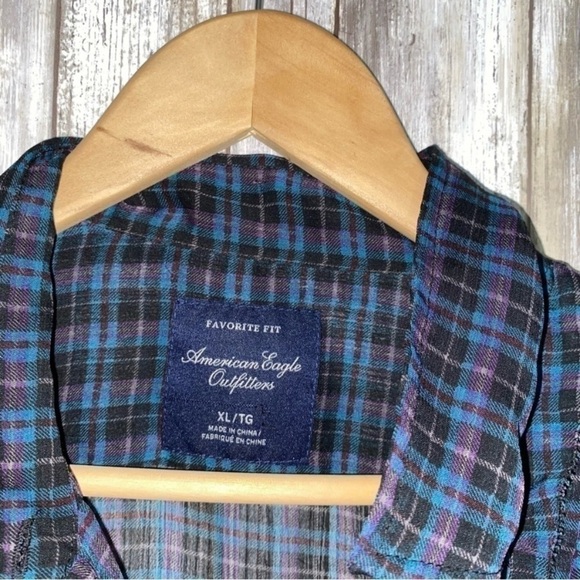 American Eagle Sheer Blue & Purple Plaid Button Down - Picture 4 of 5